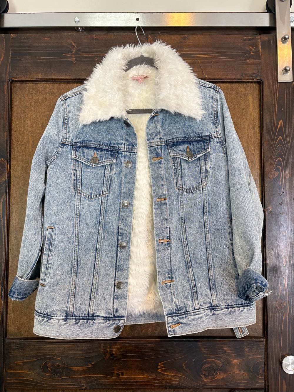 Show Me Your MuMu Light Blue Acid Wash Denim Jacket with White Faux Fur Collar